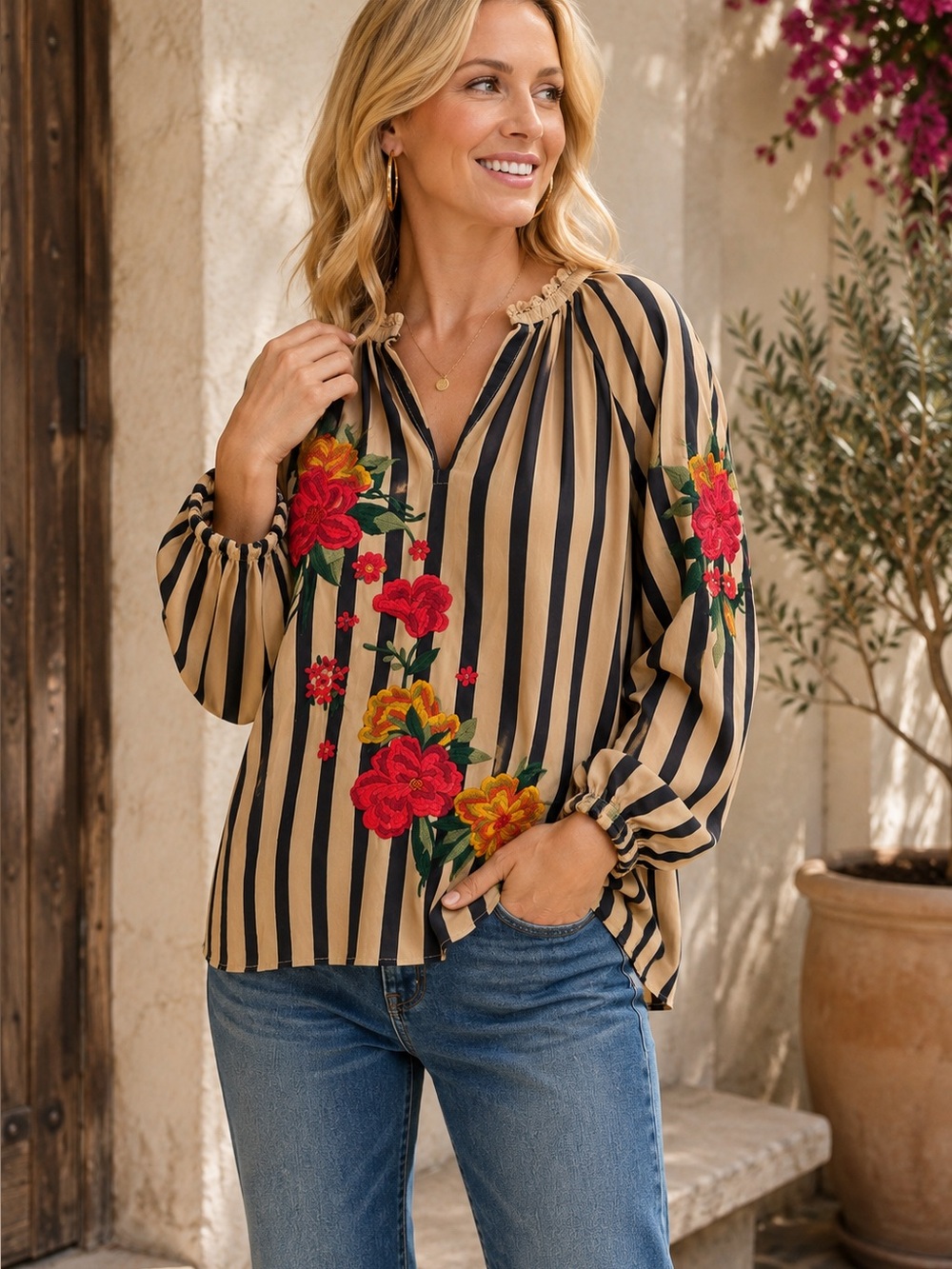 Anthropologie Akemi + Kin Manuela Embroidered Floral Striped Blouse Size XS